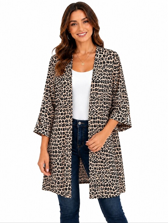 Tahari Tops - Tahari Leopard Print Open Front Kimono Cardigan Cover Up L/XL Beige Black
